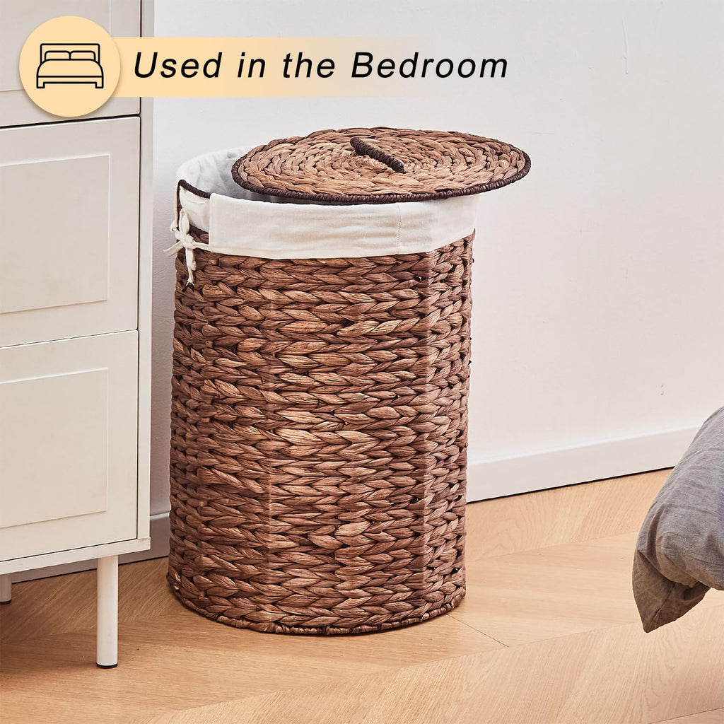 Round Water Hyacinth Laundry Hamper with Lid Handwoven Wicker Basket with Handles for Dirty Clothes, Storage, and