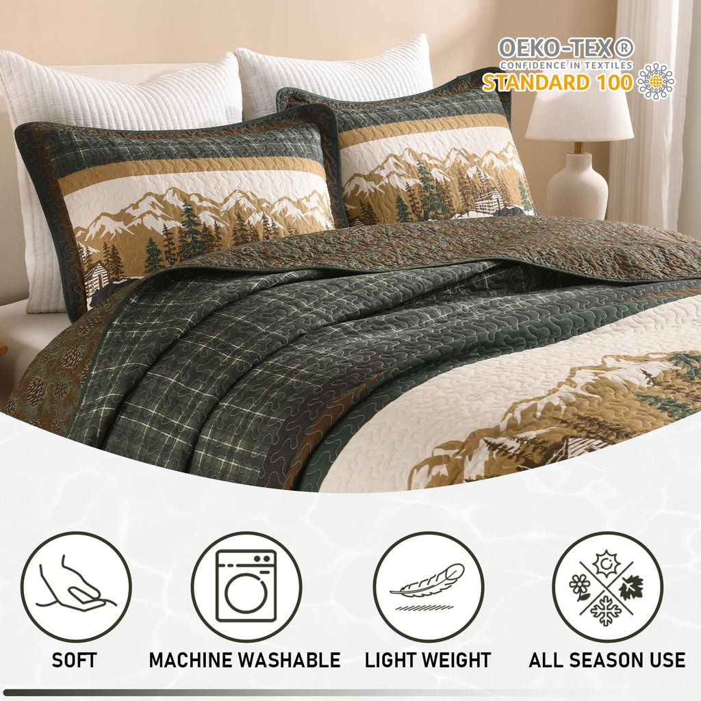 100% Cotton Quilt Set, Rustic Cabin Plaid Bear, Green/Brown