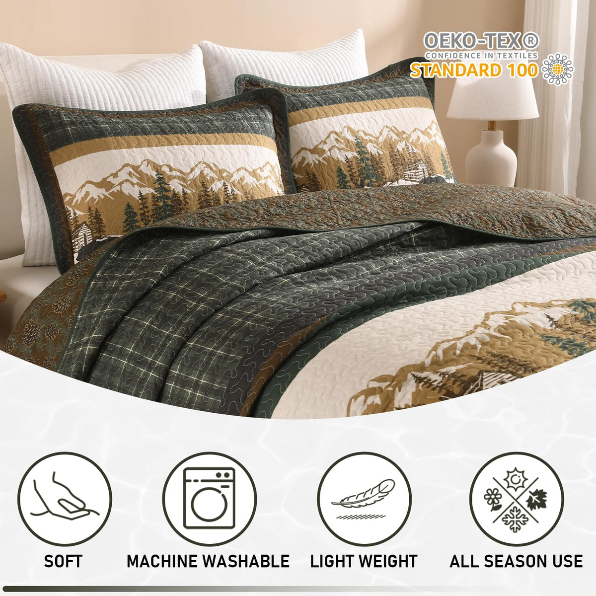 100% Cotton Quilt Set, Rustic Cabin Plaid Bear, Green/Brown