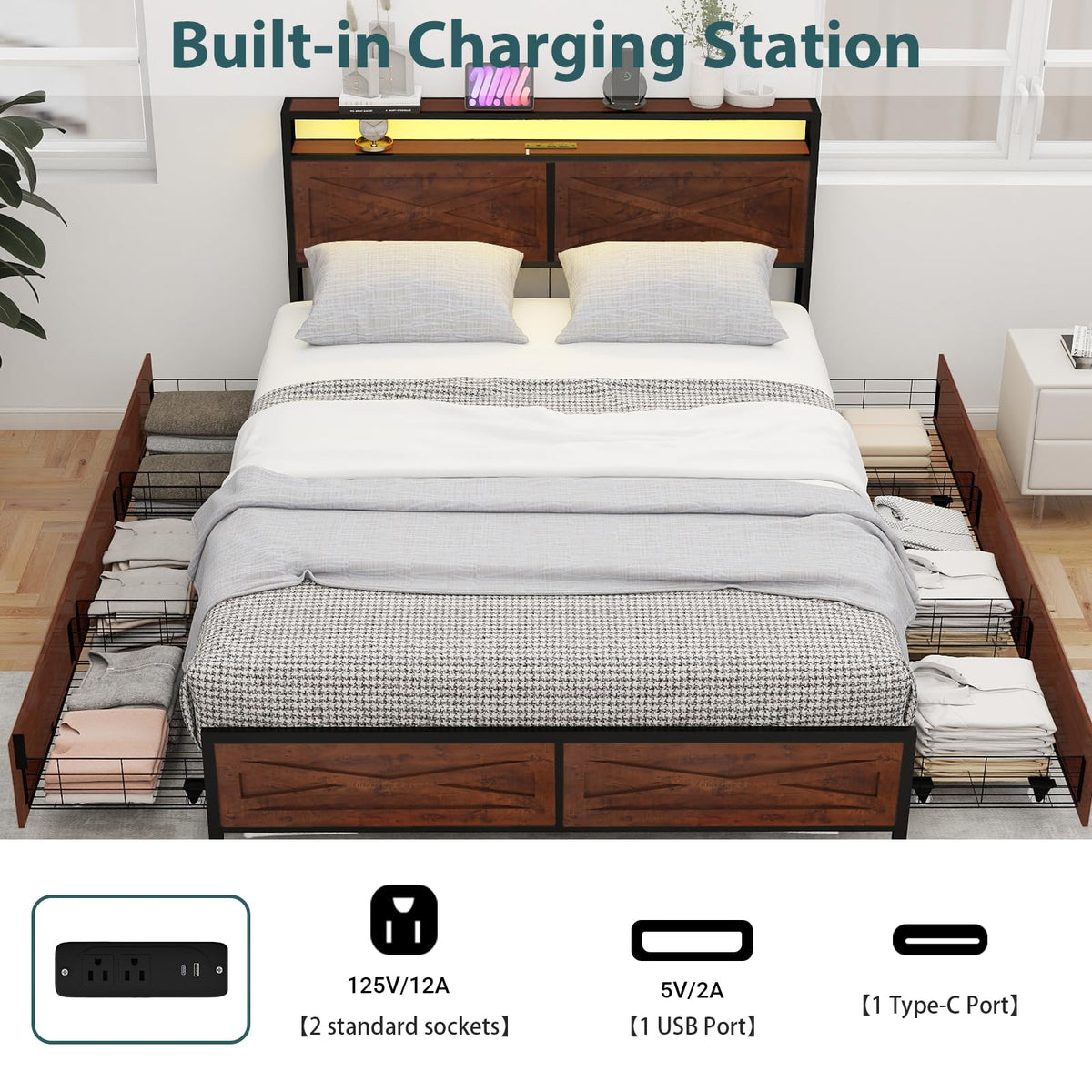 LED Bed Frame with 6 Storage Drawers, Farmhouse Headboard w/Charging Ports Station - Size Platform Bed Frame