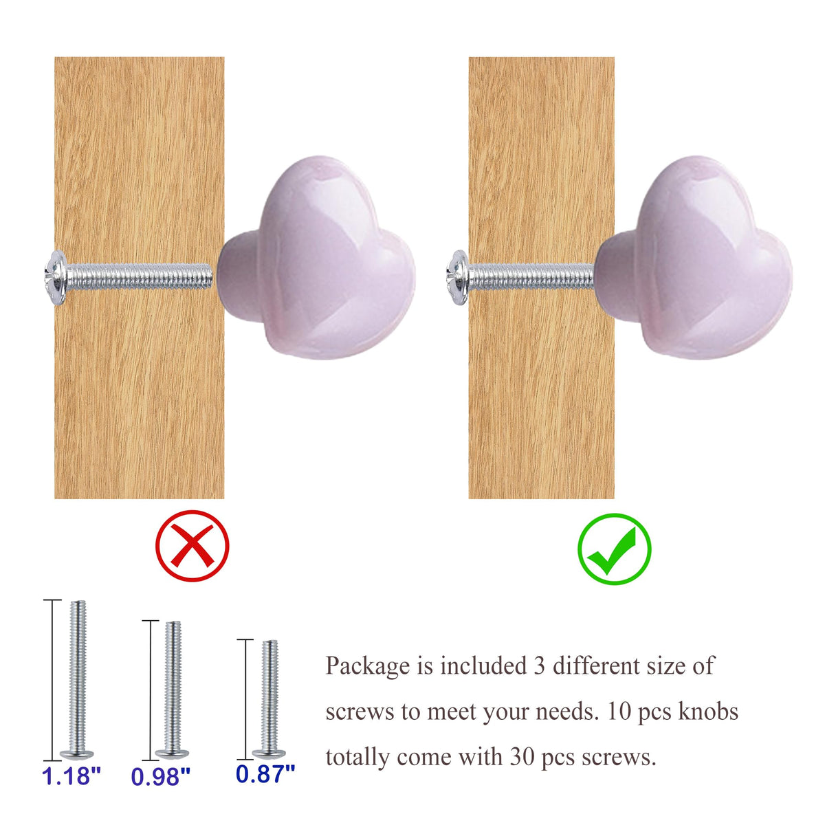 Ceramic Drawer Knobs Heart Shape Cabinet Dresser Pulls Handles with 3 Sized Screws, Kitchen Furniture Knobs for