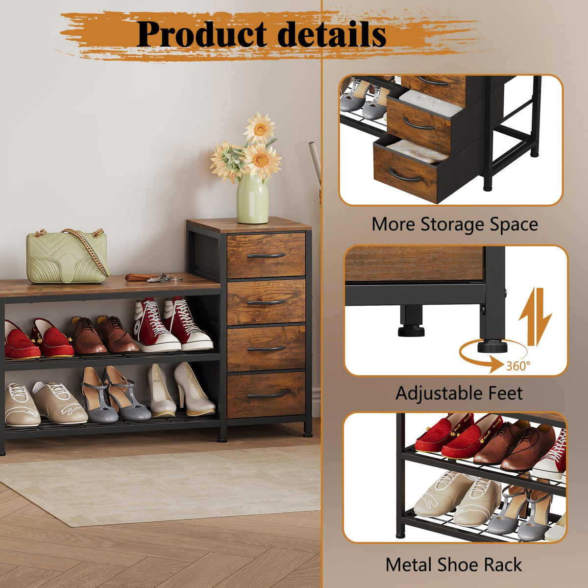 Industrial Shoe Storage Bench with 4 Drawers & Seat, Rustic Brown