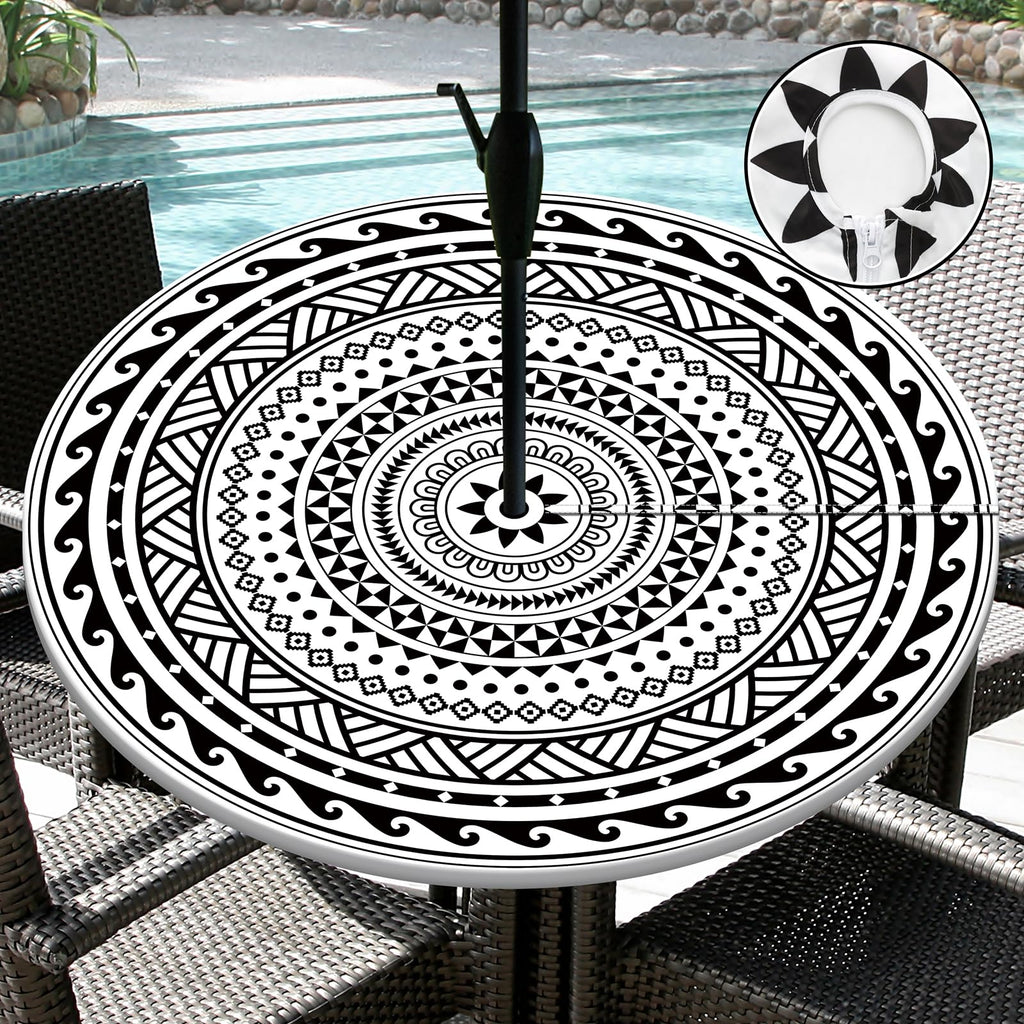 Outdoor Tablecloth with Umbrella Hole Waterproof Abstract Tribal Round Fitted Tablecloth with Elastic Zippered Table