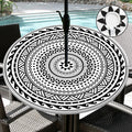 Outdoor Tablecloth with Umbrella Hole Waterproof Abstract Tribal Round Fitted Tablecloth with Elastic Zippered Table