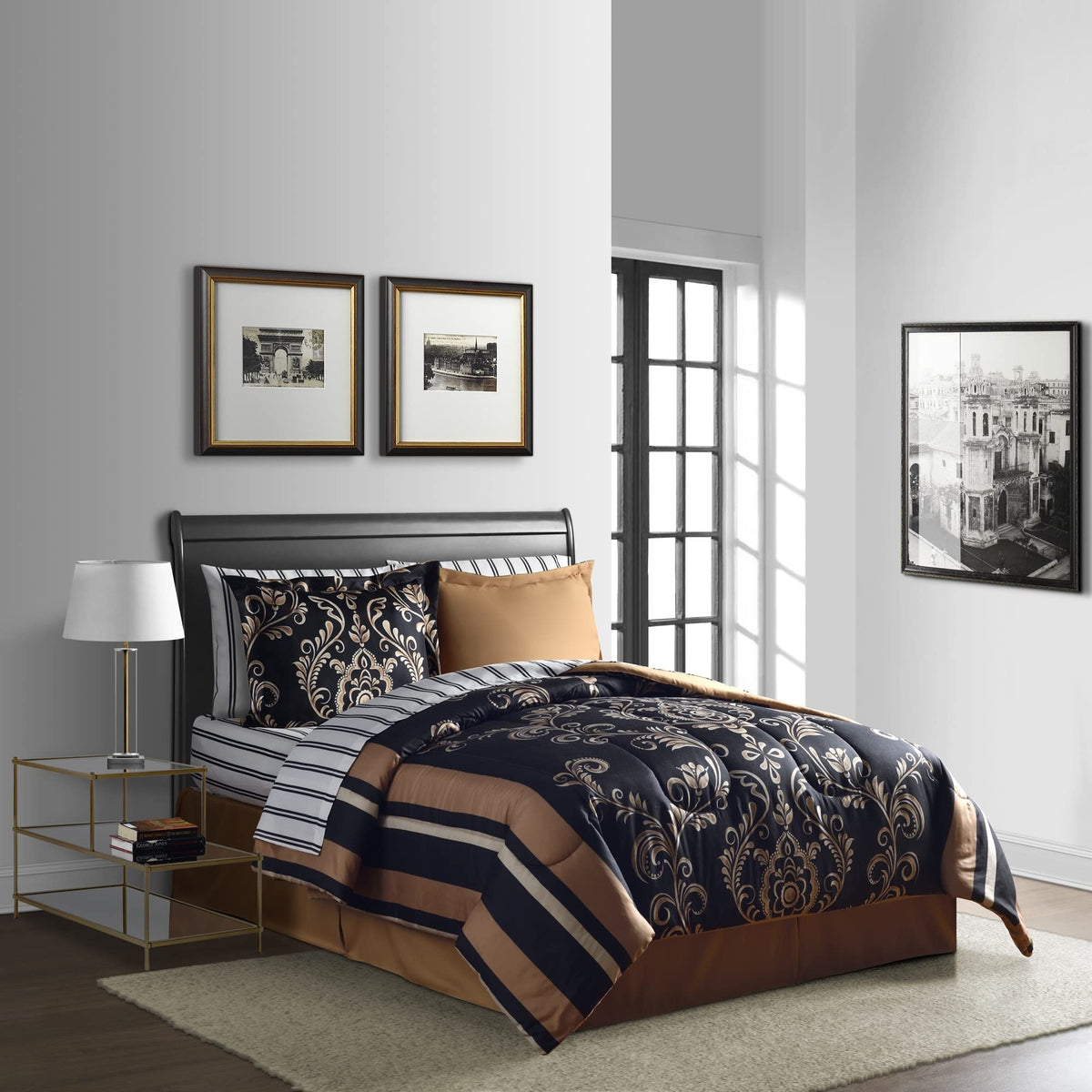 Lanwood Home Sabrina Damask 8-Piece Bed-in-A-Bag Comforter Set with Comforter, Pillow Shams, 4-Piece Sheet Set, & Bed