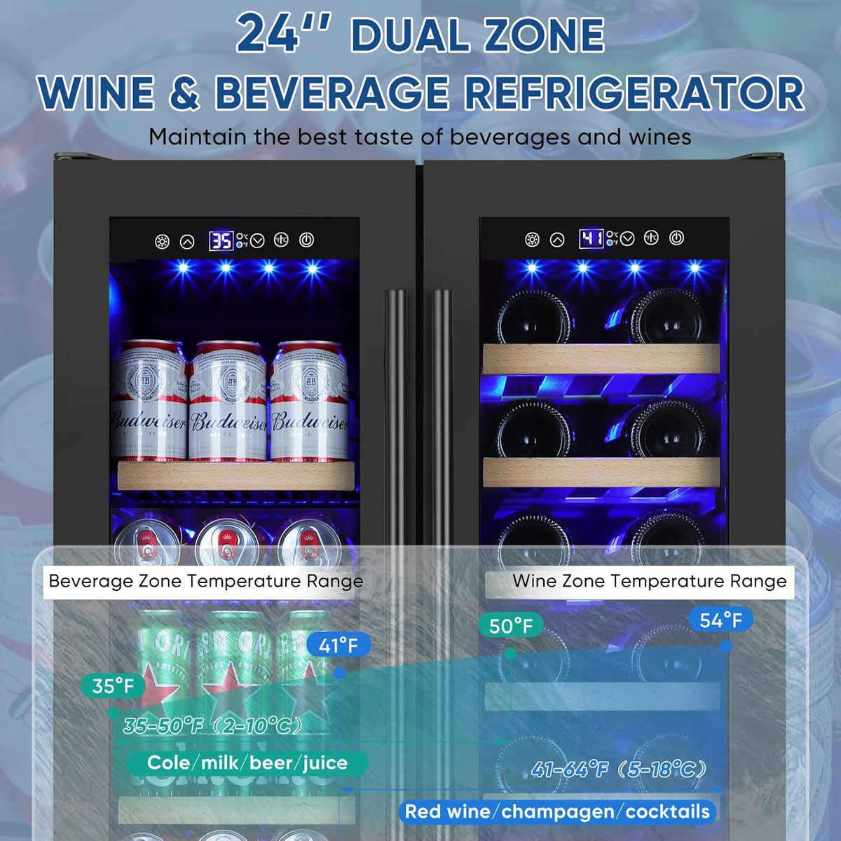Wine and Beverage Refrigerator 24", Upgraded Dual Zone Wine Beverage Cooler with Glass Door and French Door
