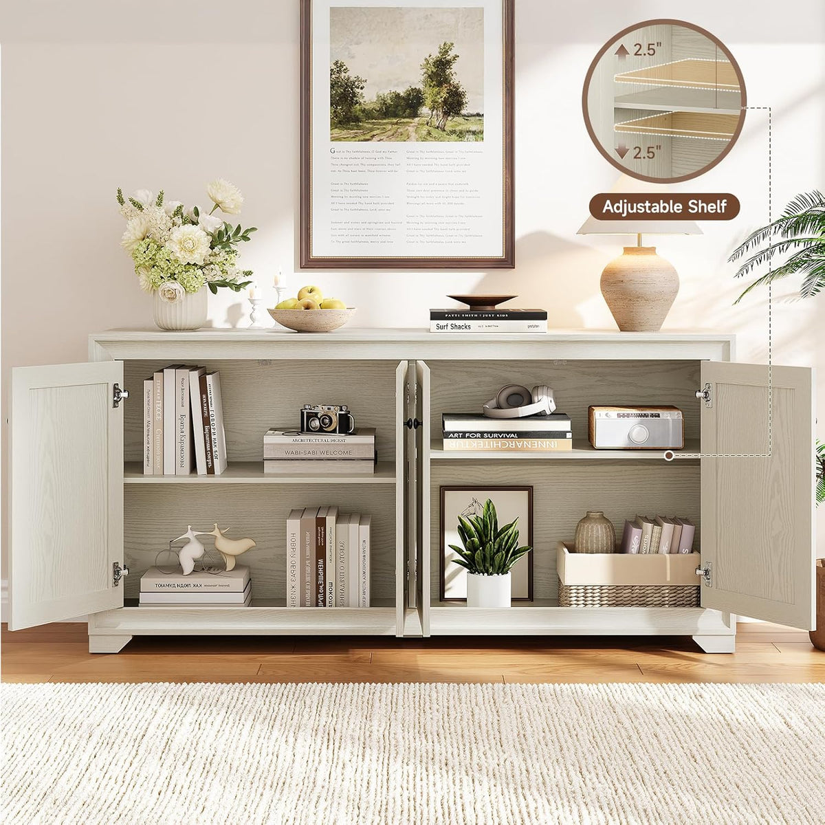 60" Buffet Cabinet with Storage, 4 Doors Sideboard Buffet Cabinet with Adjustable Shelves