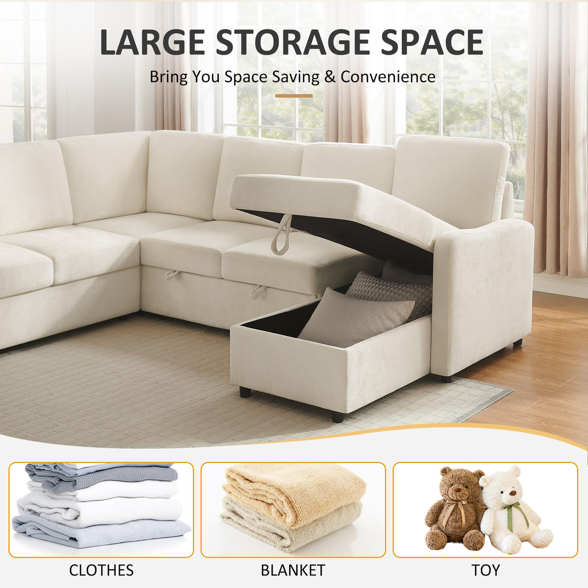 7 Seater 112'' Sectional Sleeper Sofa with Storage, Chenille Beige