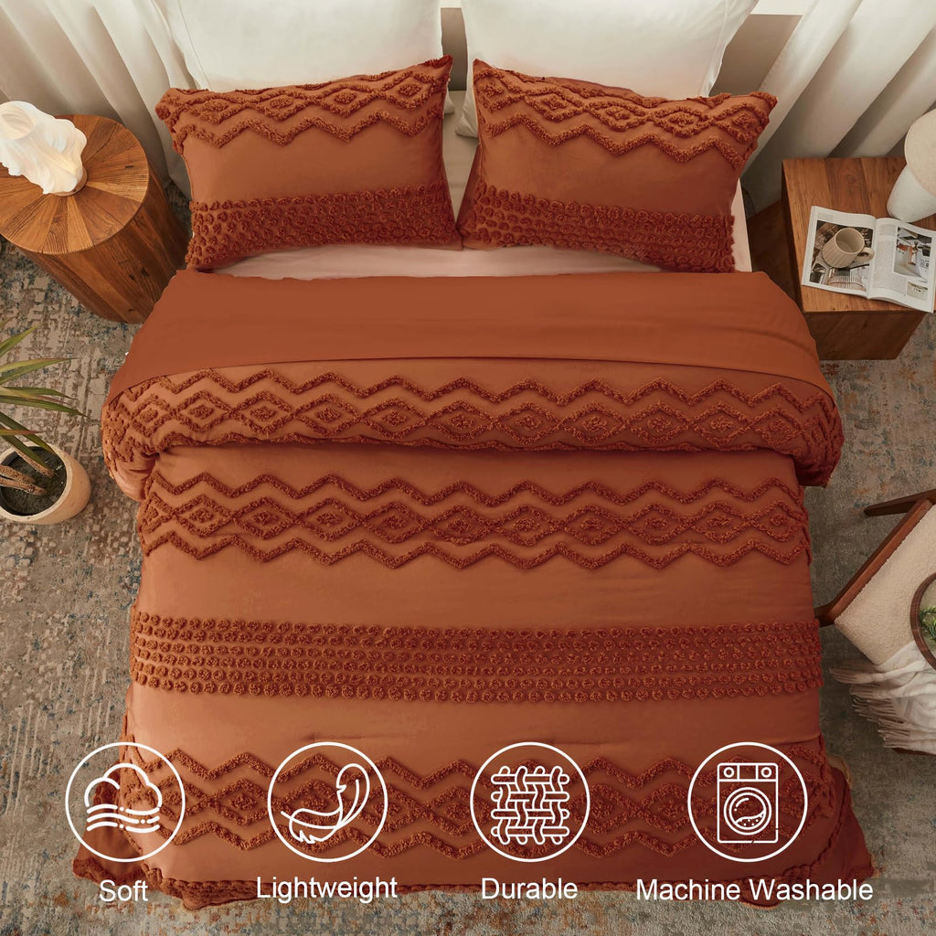 Terracotta Tufted Comforter Set, 3 Pieces King Boho Bedding Set