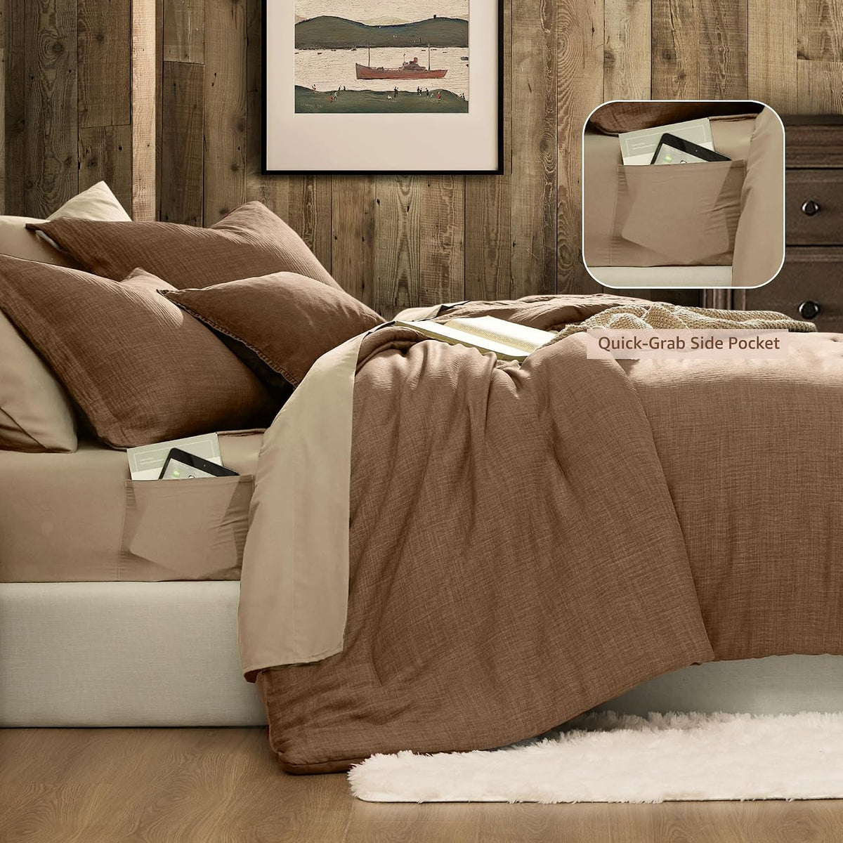 King Comforter Set - 7 Pieces Brown Bedding Set Textured Bed in a Bag - Set of 7
