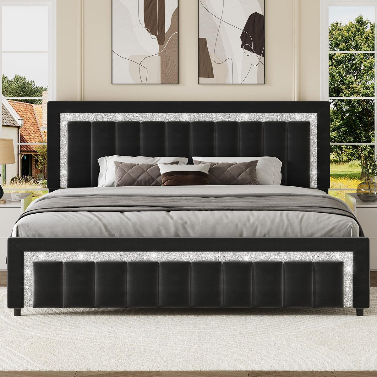 King Bed Frame with Headboard, Velvet King Size Bed Frame with Diamond Design Headboard and Footboard, Wooden Slats