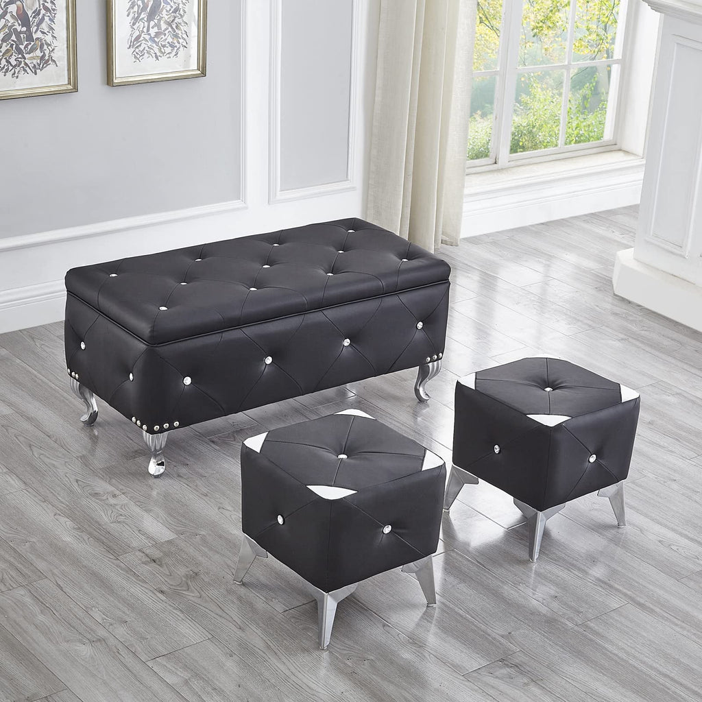 Faux Leather Large Storage Ottoman Bench Set Foot Rest Stools Bedroom with 2pcs Ottomans Upholstered, Black