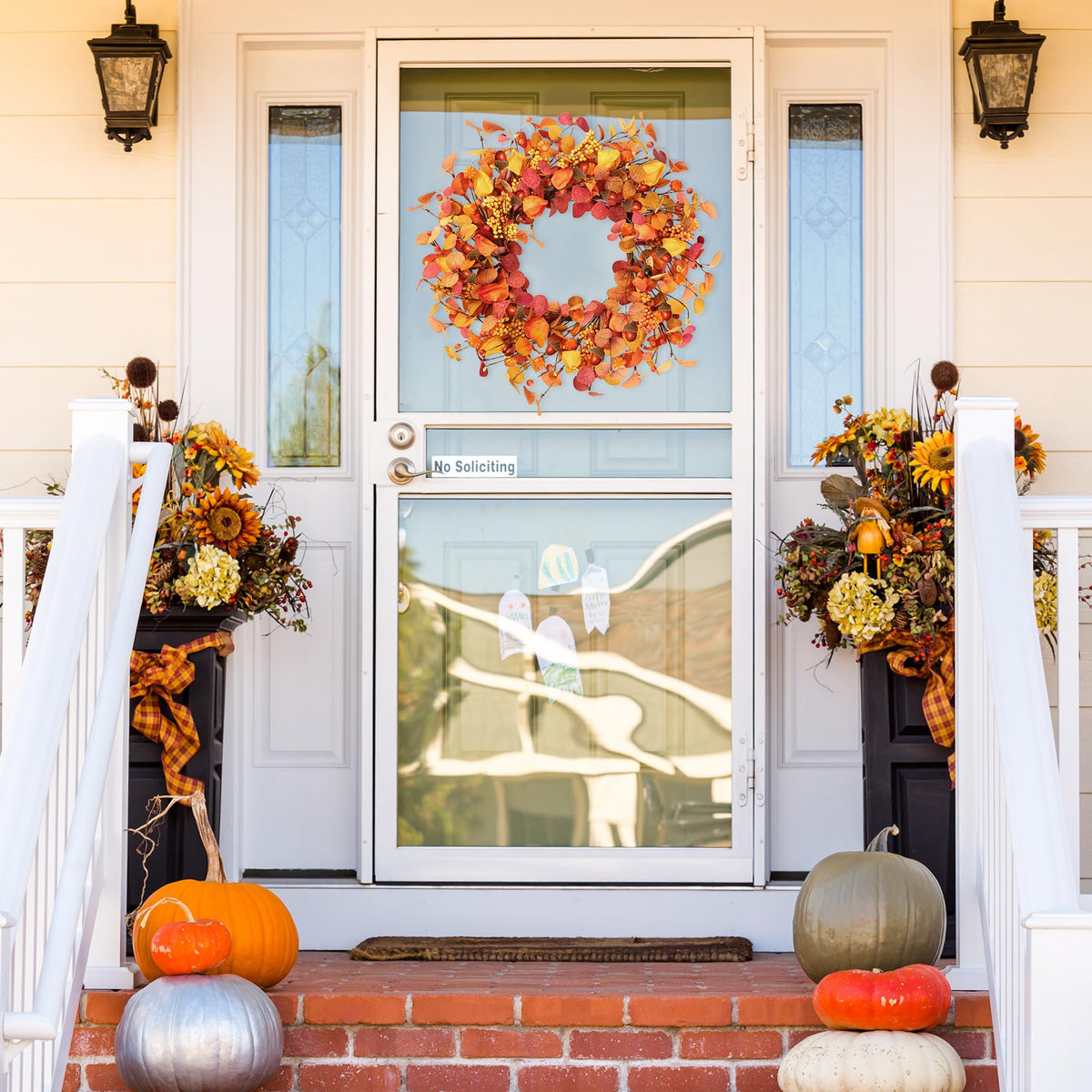 Artificial Fall Wreath 20'' Autumn Front Door Wreath with Eucalyptus Leaves Berries Small Pumpkins Lantern Fruit for