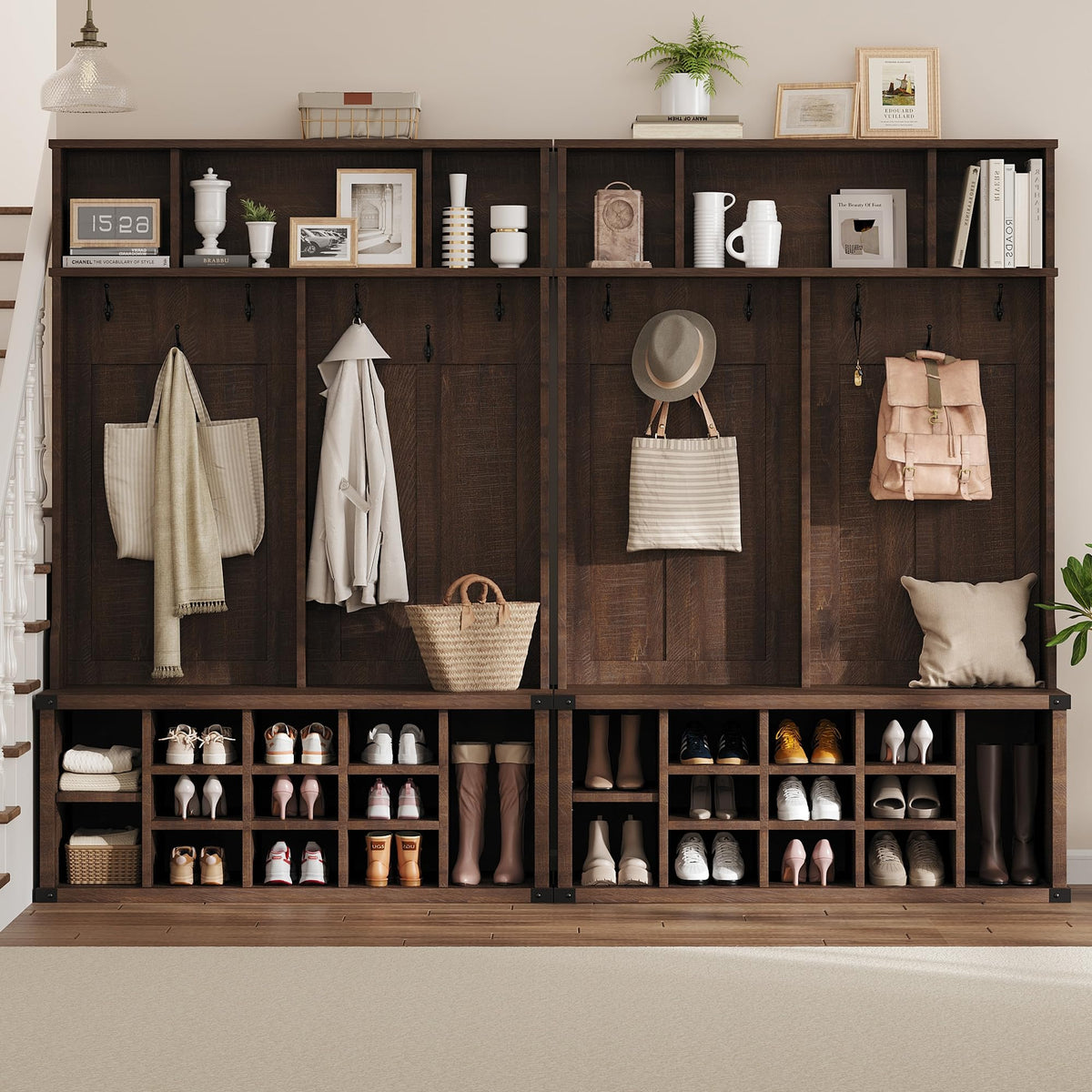 51.2" Hall Tree with Bench and Shoe Storage, Rustic Brown