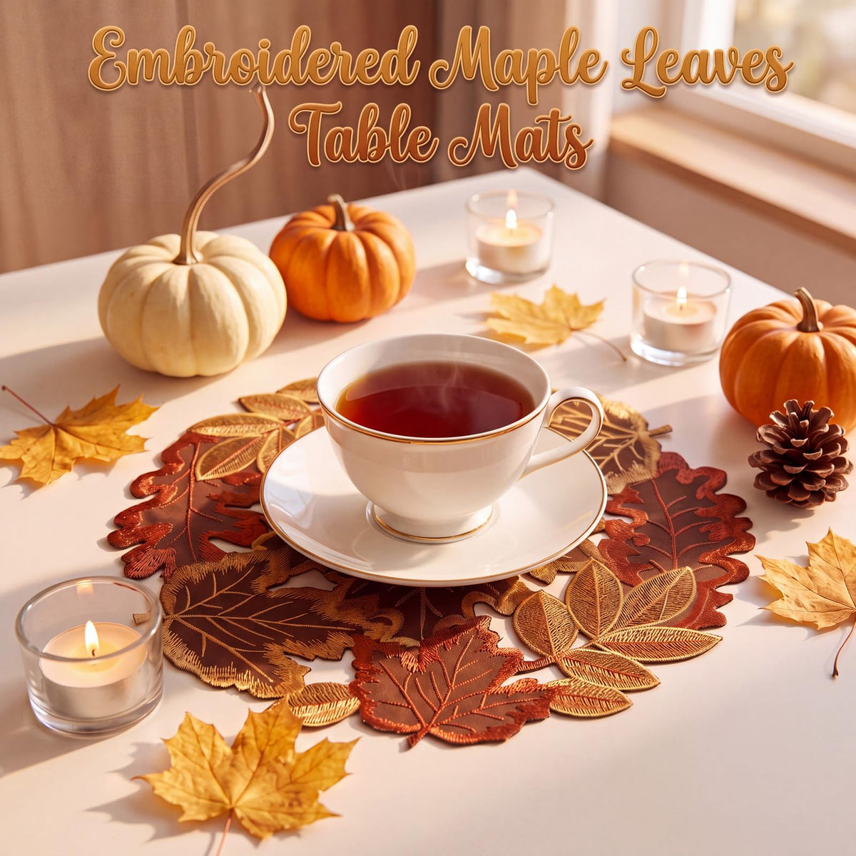 12 Pcs Fall Thanksgiving Placemats, Maple Leaves Embroidered Mats