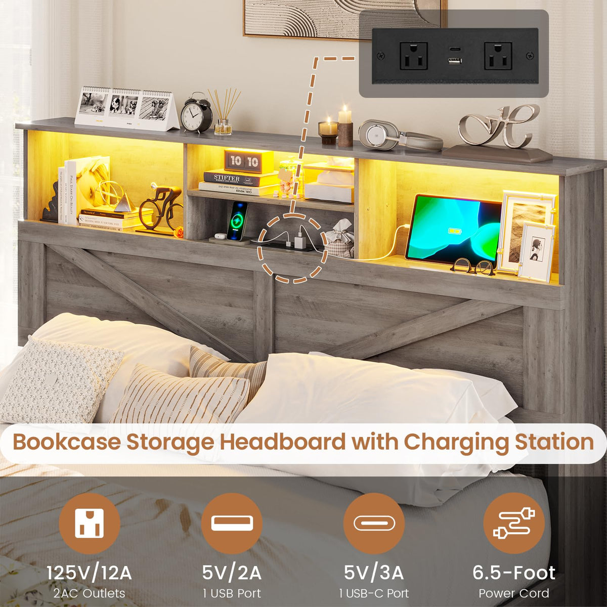 Farmhouse Bed Frame with Bookcase Storage Headboard, Charging Station and LED Lights, Wooden Bed