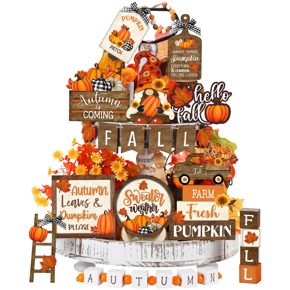 21 Pcs Fall Tiered Tray Decor Set Vintage Pumpkin Gnome Truck