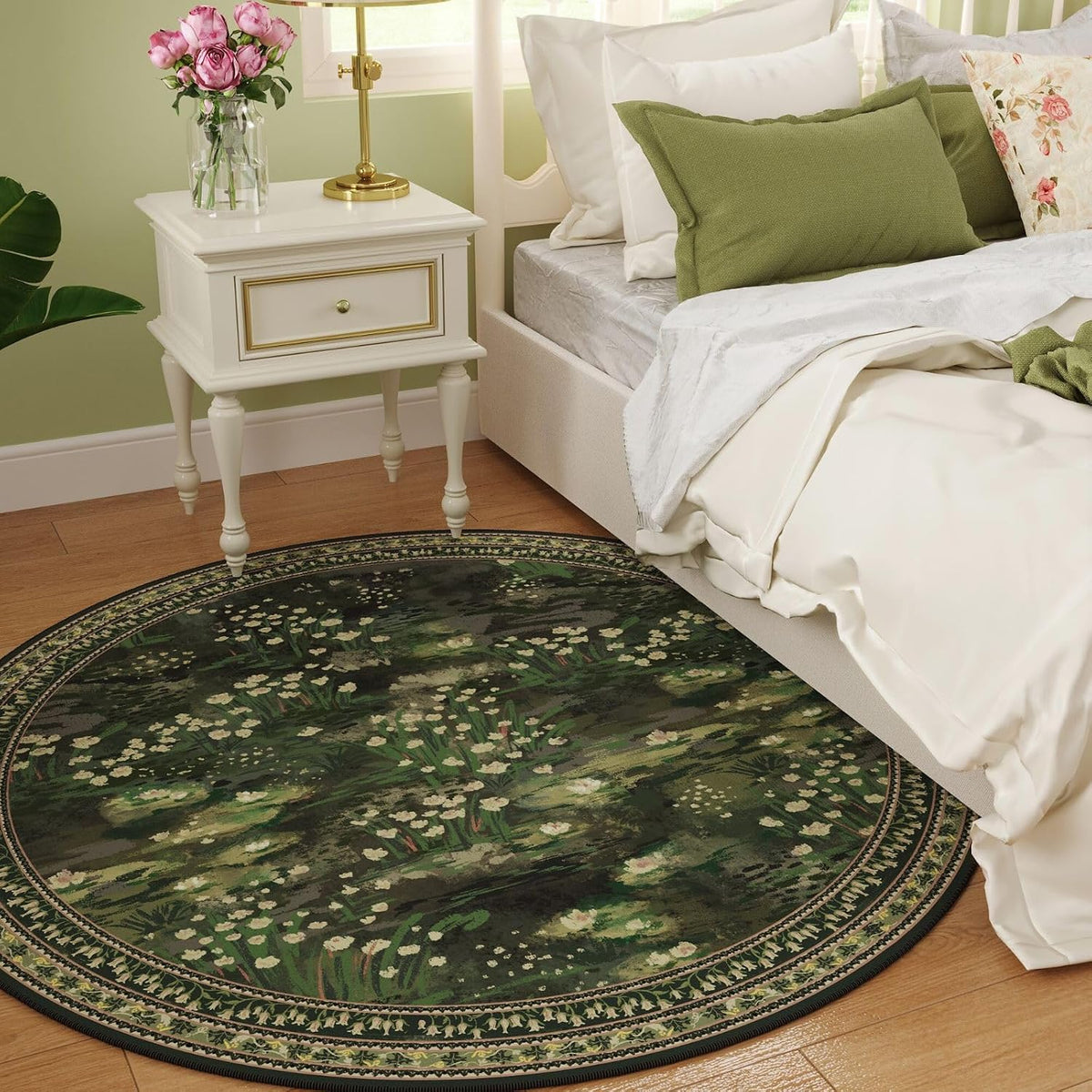 Round Area Rug 8ft Washable Vintage Impressionist-Style, Green