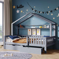 Twin Size House Bed with Storage Drawers and Shelf,Kids Wooden Bed Frame Twin Platform Bed with Slats and Fence for