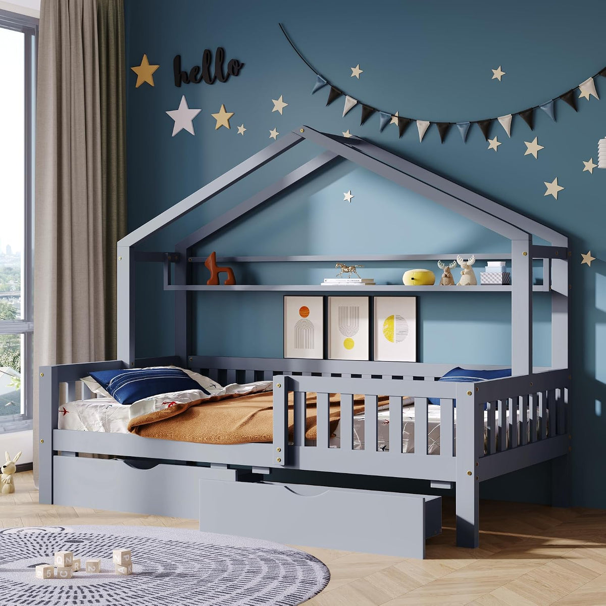 Twin Size House Bed with Storage Drawers and Shelf,Kids Wooden Bed Frame Twin Platform Bed with Slats and Fence for