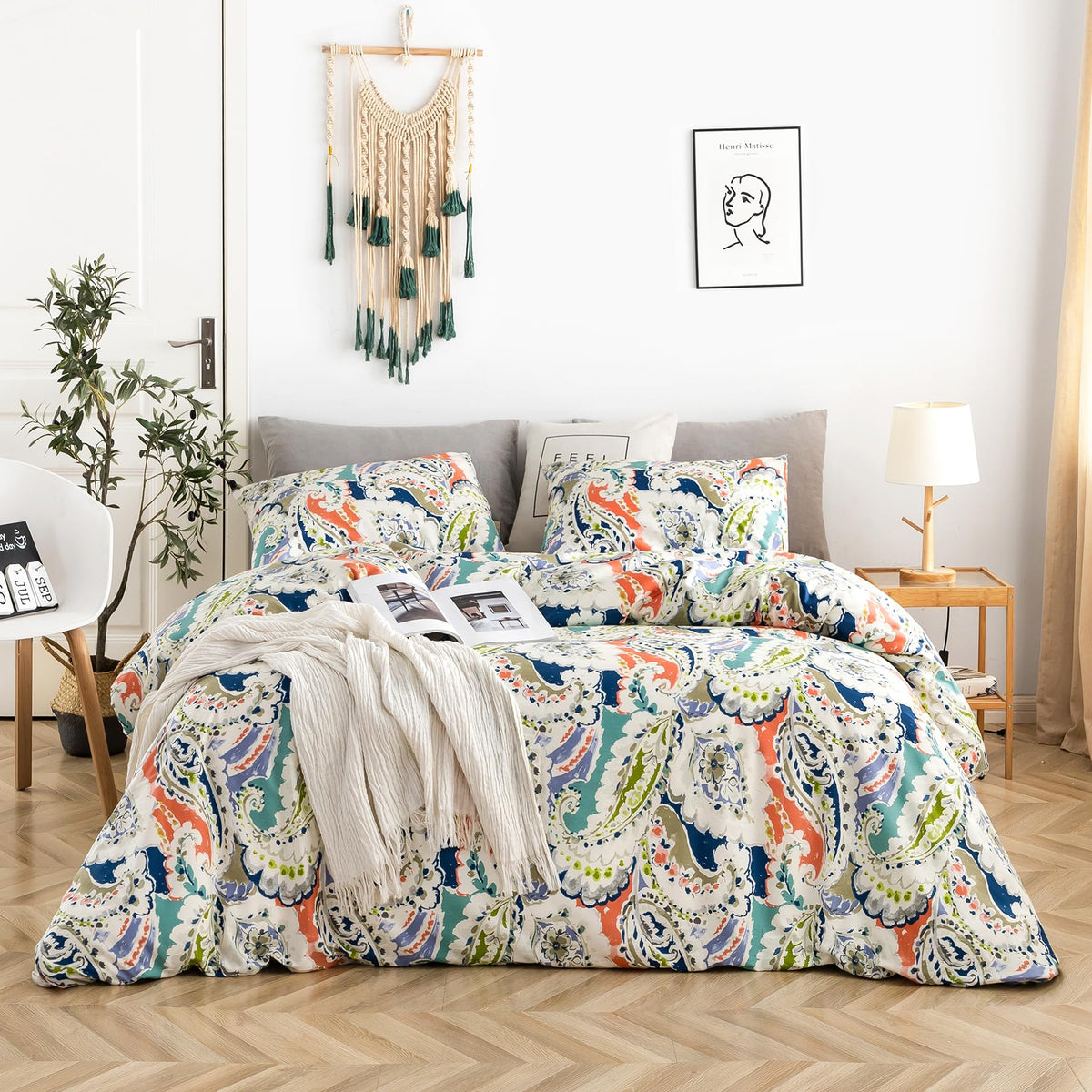 Colorful Paisley Floral Duvet Cover Queen 100% Cotton 3 Pcs Set