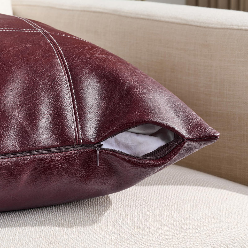 2 Packs Burgundy Waterproof Faux Leather Decorative Throw Pillow Covers 18x18 Inch for Outdoor Couch Bed Sofa, Hand