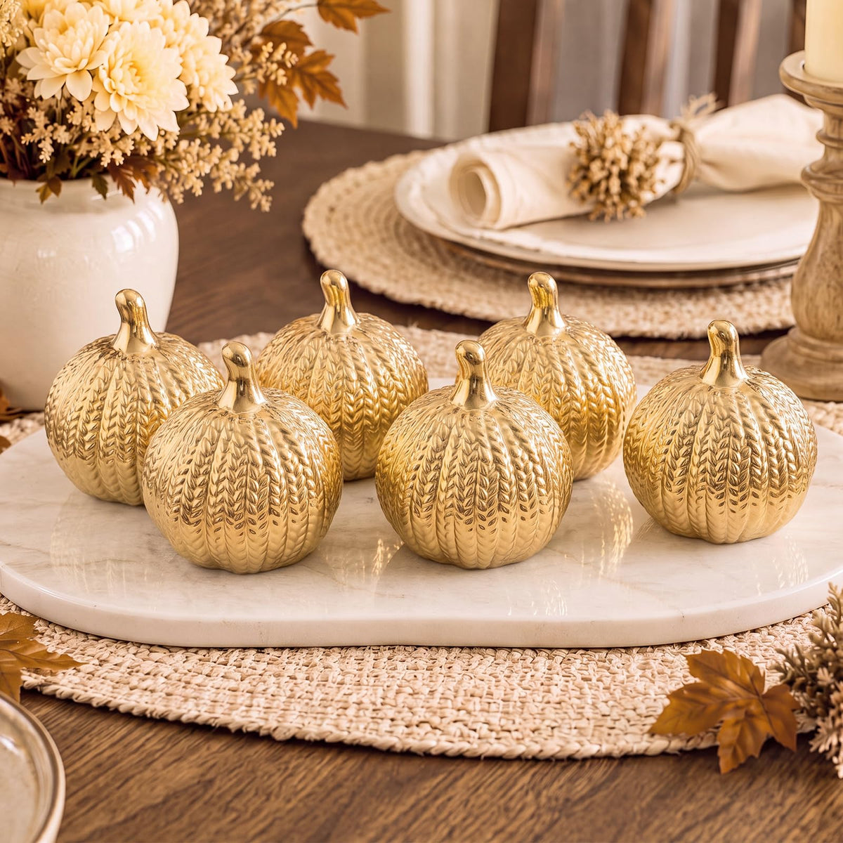 6 Pcs Gold Ceramic Pumpkin Fall Decoration for Table Centerpiece