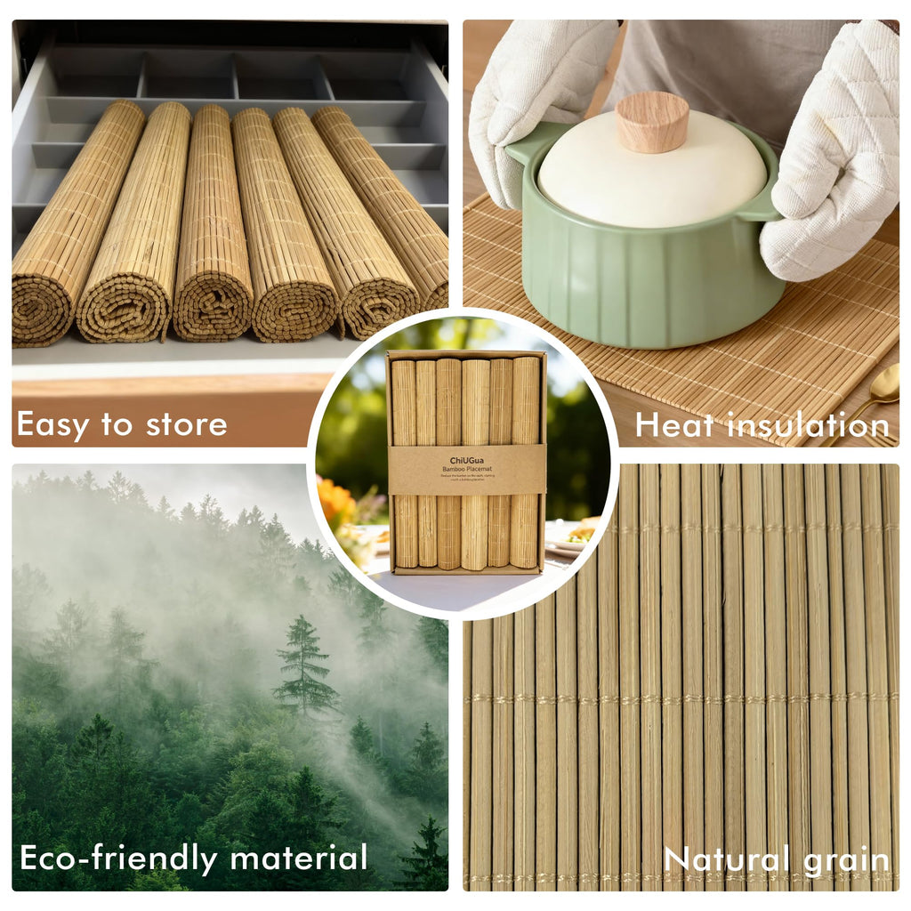 4-Pack Bamboo Placemats,Woven Heat-Resistant Rectangular Table Mats,Natural Dining Place Mats,Rustic Japanese Style