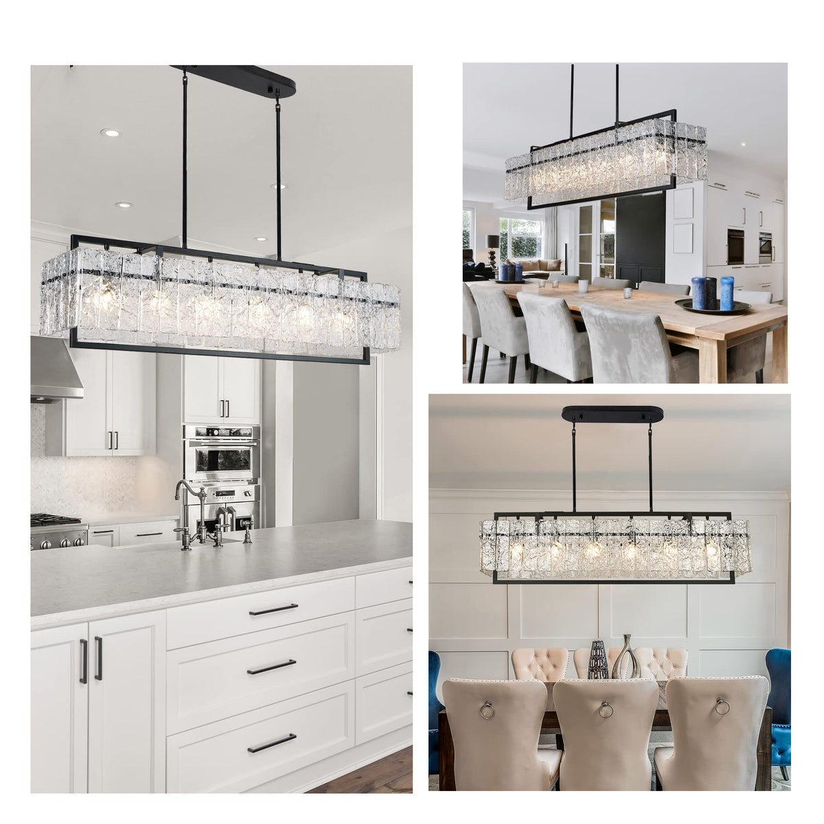 Modern Rectangle Black Crystal Chandeliers, 42" Large Rectangular Water Ripple Glass Island Light Fixture, Linear