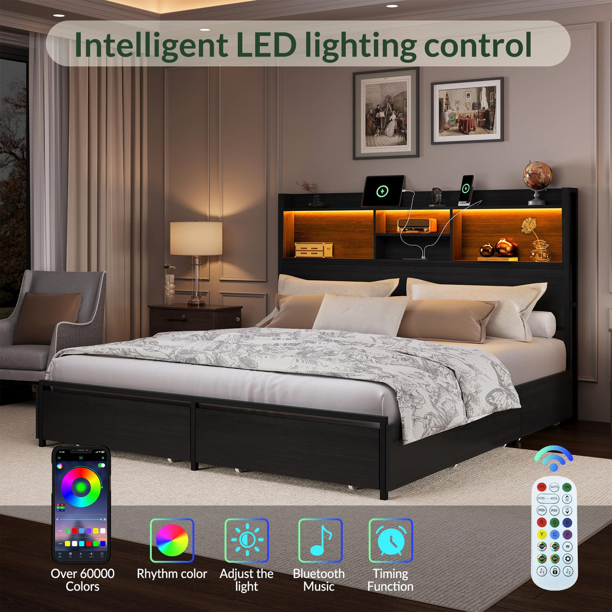 California King Size Bed Frame with 6 Storage Drawers and Headboard Wooden Platform Bed Frame with LED Lights and