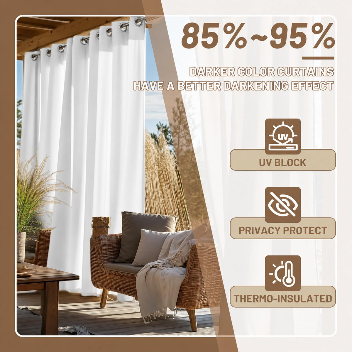 Outdoor Curtains Waterproof, 54"W x 95"L, White, 1 Panel