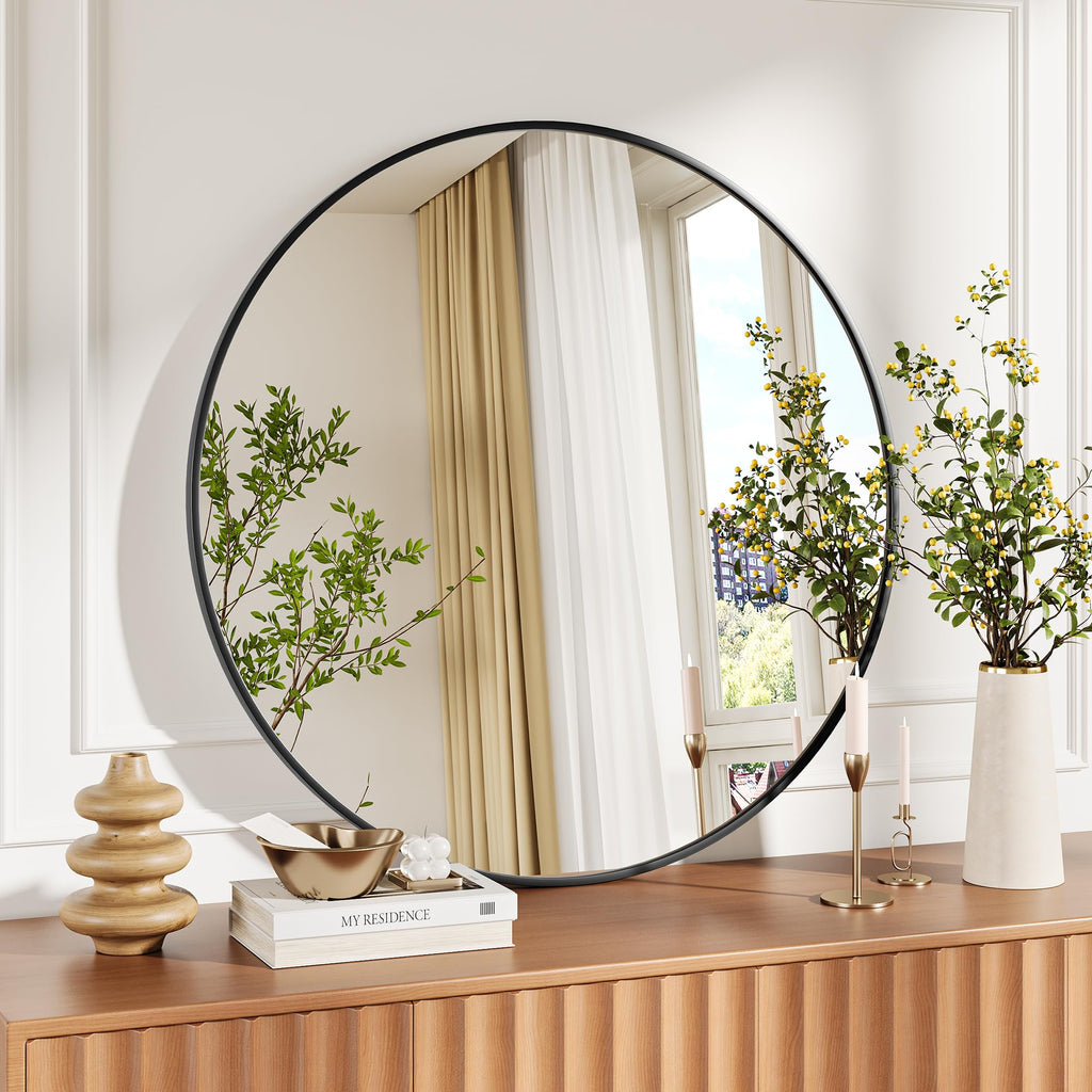 30Inch Black Round Wall Mirror, Circle Mirror Metal Frame, Vanity, Entryway, Bedroom, Living Room, Wall Mounted