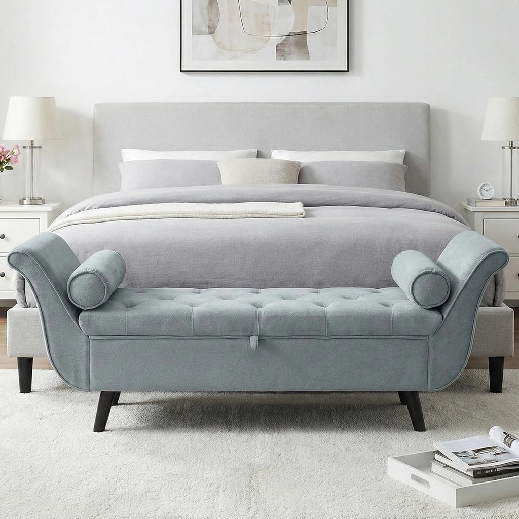 Velvet Storage Bench End of Bed Ottoman, Button-Tufted Upholstered Bed Benches s King with Rolled Arms and 4 Sturdy