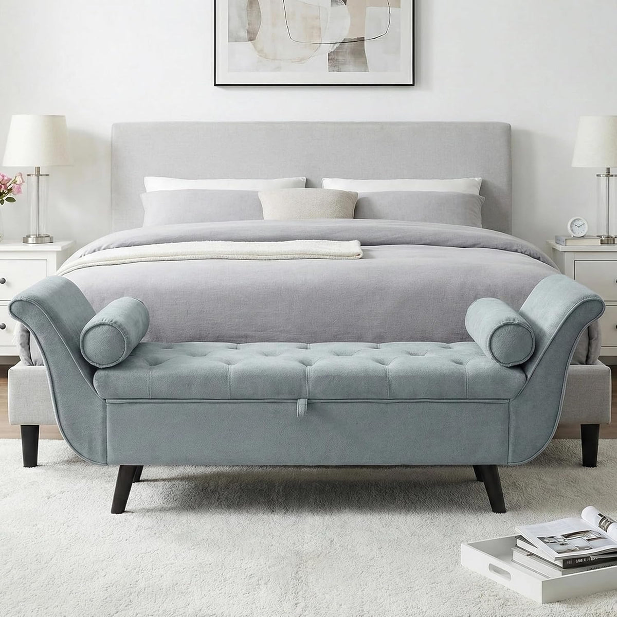 Velvet Storage Bench End of Bed Ottoman, Button-Tufted Upholstered Bed Benches s King with Rolled Arms and 4 Sturdy