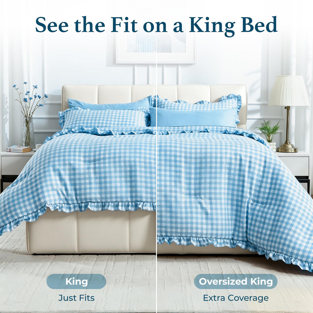 7 Pieces Gingham Ruffle Comforter Set, Blue Grid Tartan Bedding Set, Soft Breathable Fabric Comforter