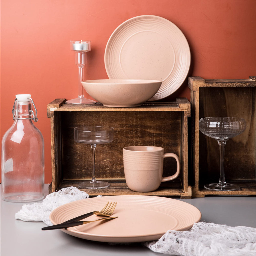 Round Stoneware 16pc Dinnerware Set of 4, Dinner Plates, Side Plates, Cereal Bowls, Mugs - Speckle Matte Coral