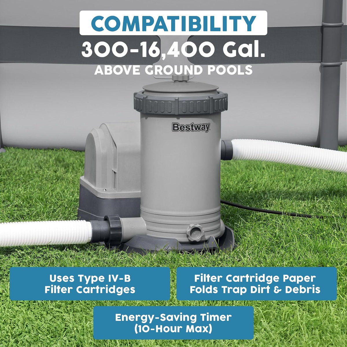 2,500 GPH Filter Pump for Above Ground Swimming Pool with Type IV-B Cartridge, Adapter Accessories and Timer