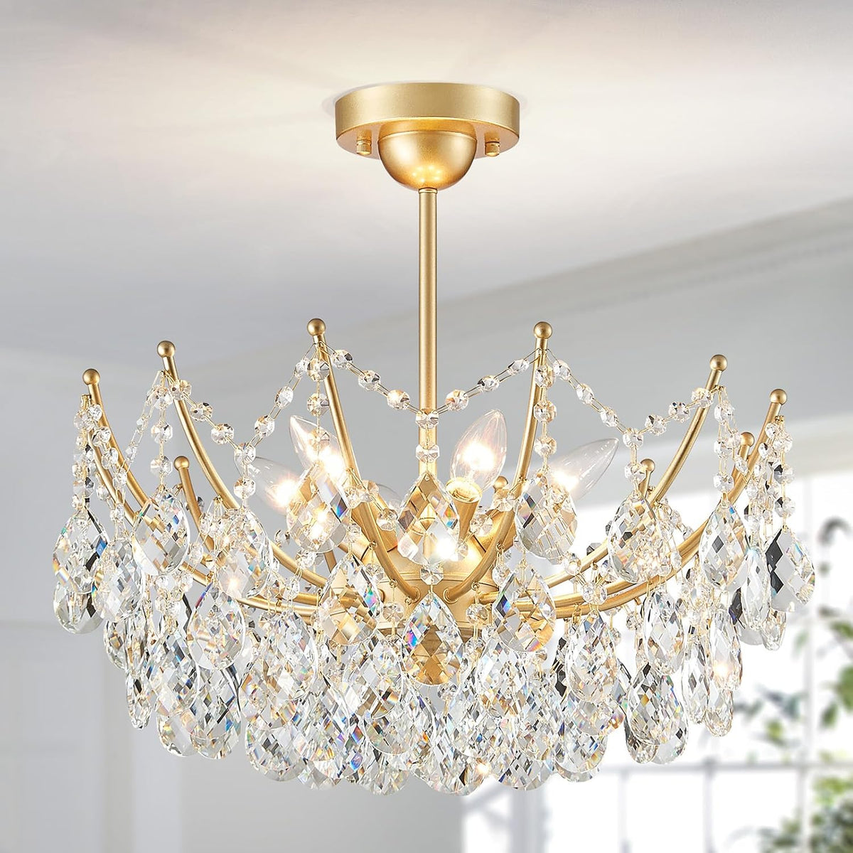 Modern Semi-Flush Crystal Chandelier Ceiling Light for Bedrooms and Entries