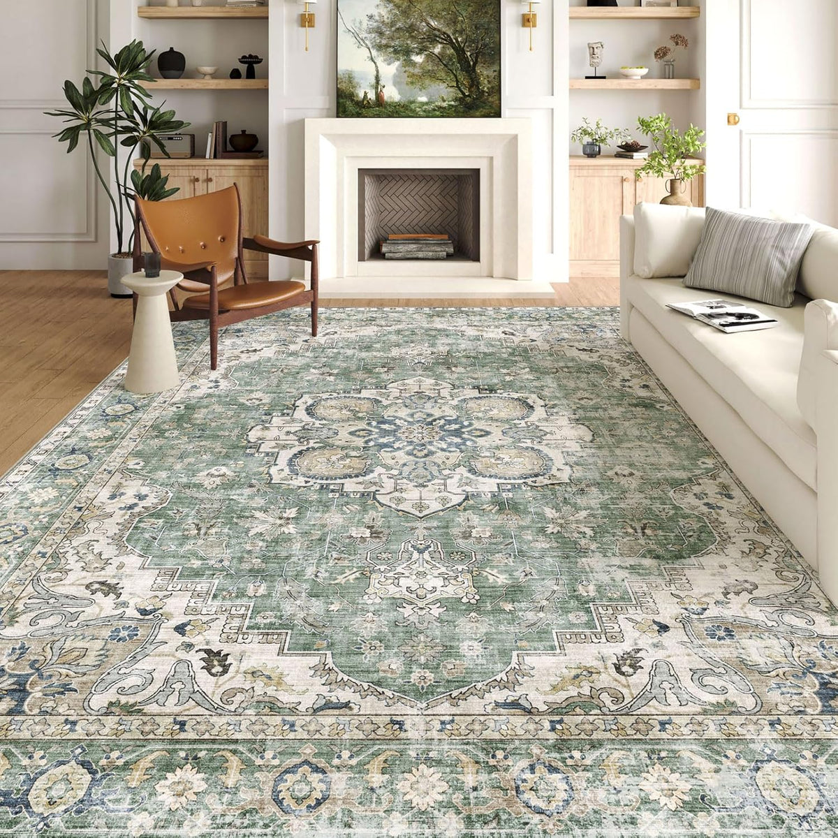 Area Rugs Living Room - Large Washable Sage Green Boho Rugs