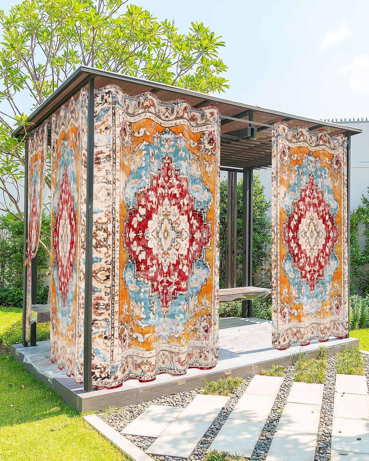 Outdoor Curtains (Set of 2 Panels) , Red Orange Boho Waterproof Blackout Outside Curtain for Porch/Pergola/Gazebo, Ethnic Tribe