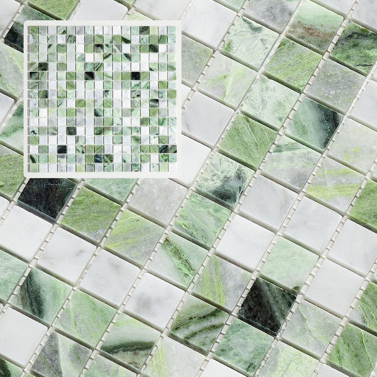 6 Sheets Emerald Green and Carrara White Marble Square Mosaic backsplash Tiles, Polished Shower Room Floor and Wall