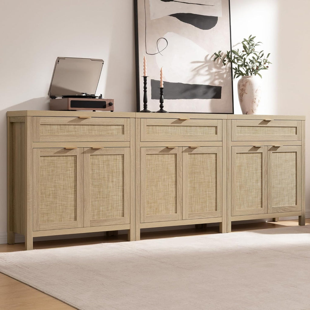 Sideboard Buffet Storage Cabinet Set of 3, Rattan Credenza Buffet