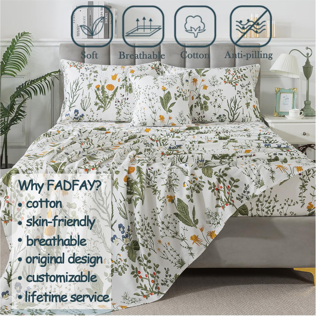 100% Percale Cotton Sheets Full Botanical Printed Floral Sheets Yellow Flowers & Leaves Pattern Farmhouse Bedding