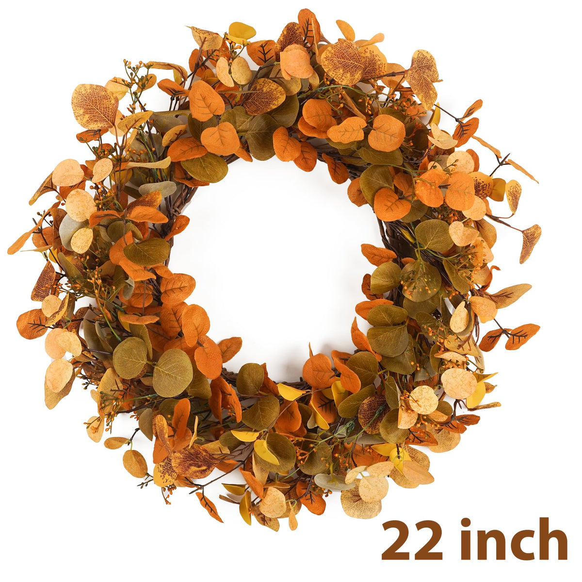 Eucalyptus Fall Wreaths for Front Door 22", Handmade Fall Leaves Wreath for Autumn, Floral Farmhouse Wreath for Wall
