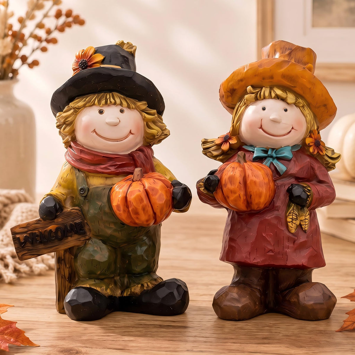 Fall Scarecrow Figurines Set of 2, Thanksgiving Pumpkin Decor