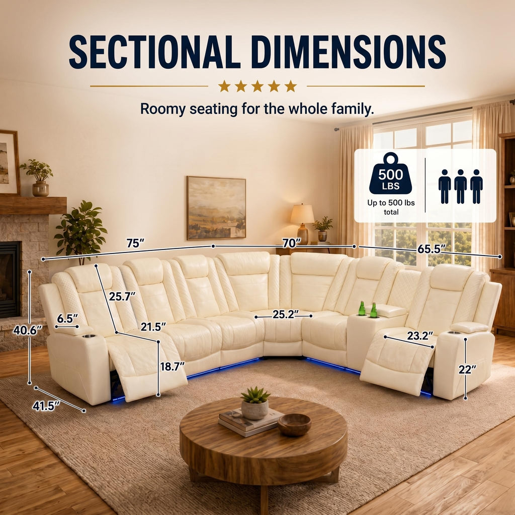 Power Reclining Sectional Sofa, Modern L-Shaped Air Leather Sectional Couch Set, Recliner Sofa Set, with LED Lights, Cup