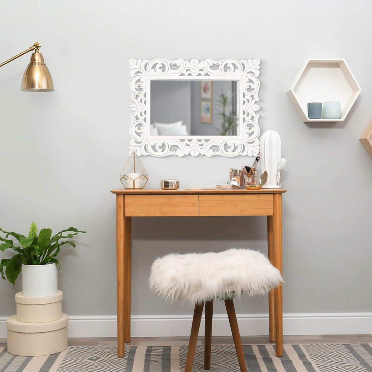 Lightnpro Hand Carved Rectangular Wall Mirror - 18×24 Inch Rustic Farmhouse Wood Frame with Antique White Finish