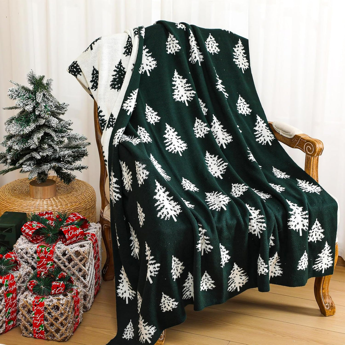Christmas Throw Blanket Christmas Tree Reversible Soft Knitted