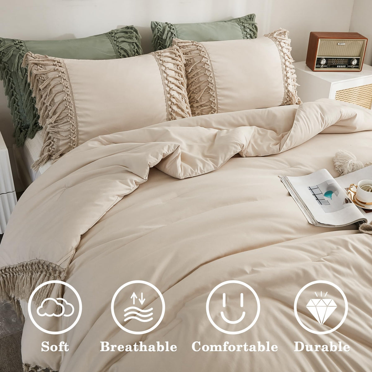 Beige Comforter Set Queen, 3 Pieces Boho Tassel Bedding