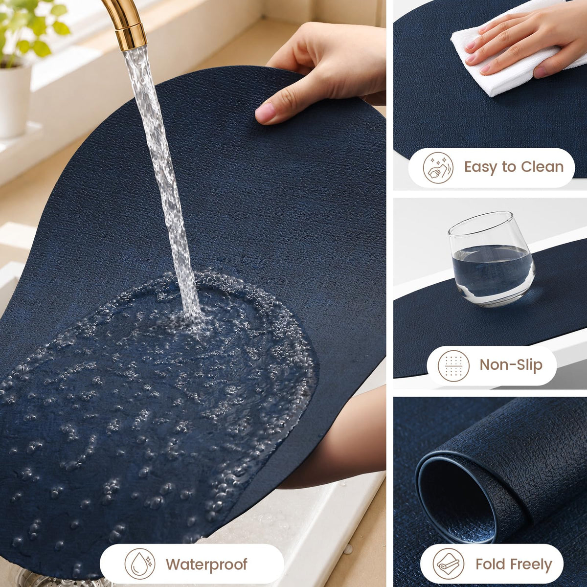 Oval Faux Leather Placemats Set of 4, Easy to Clean, Navy Blue